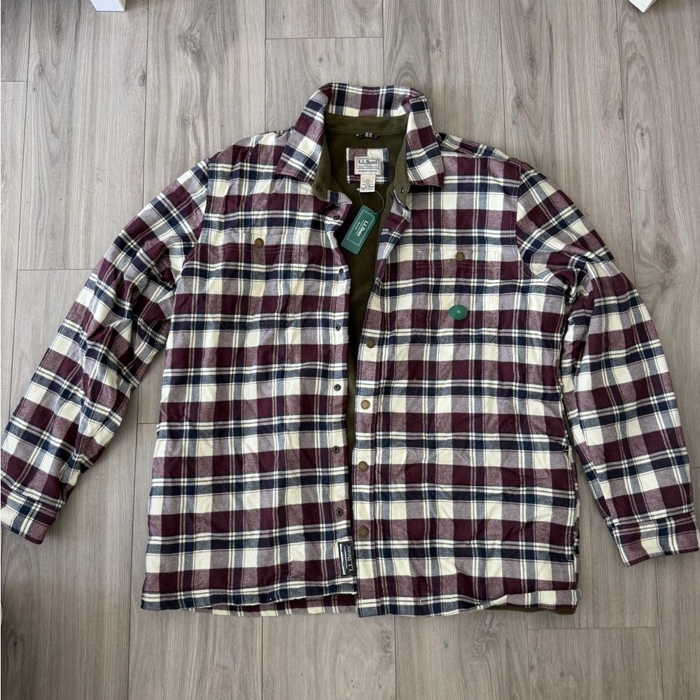L.L. Bean Men's Plaid Shirt Jacket - Burgundy and Cream